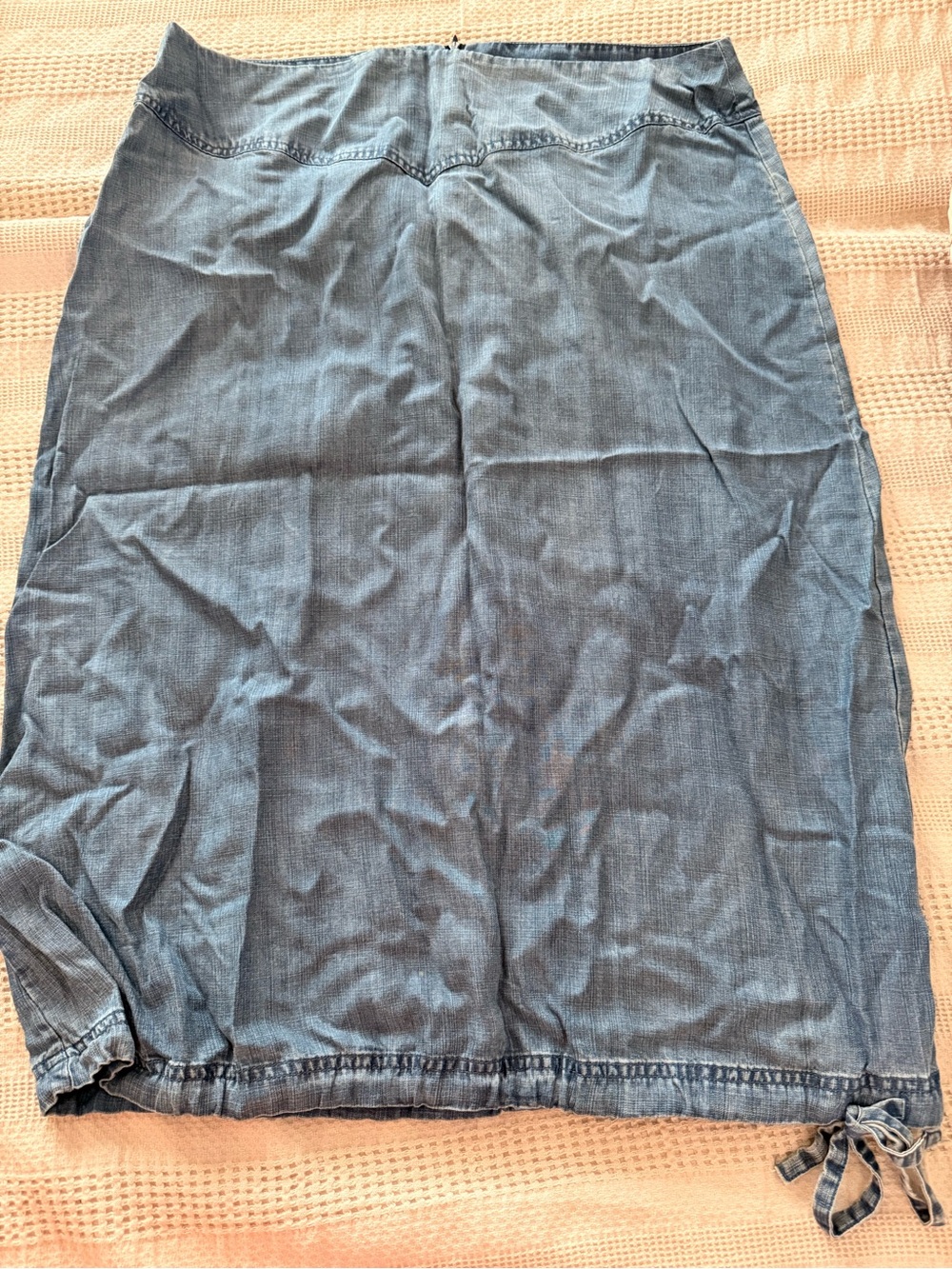 Denim-Effect Blue Pencil Skirt with Side Ties